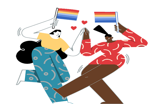 Two women hold hands and dance while waving rainbow flags
