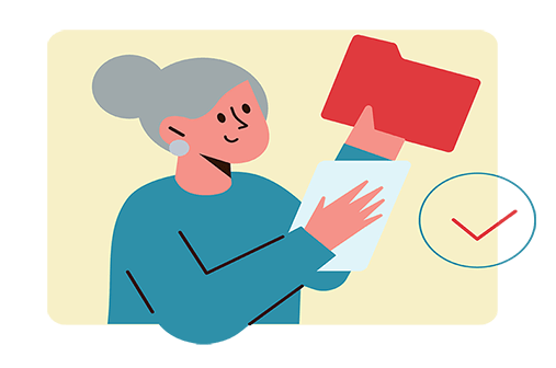 White woman with grey hair holds up a red file folder